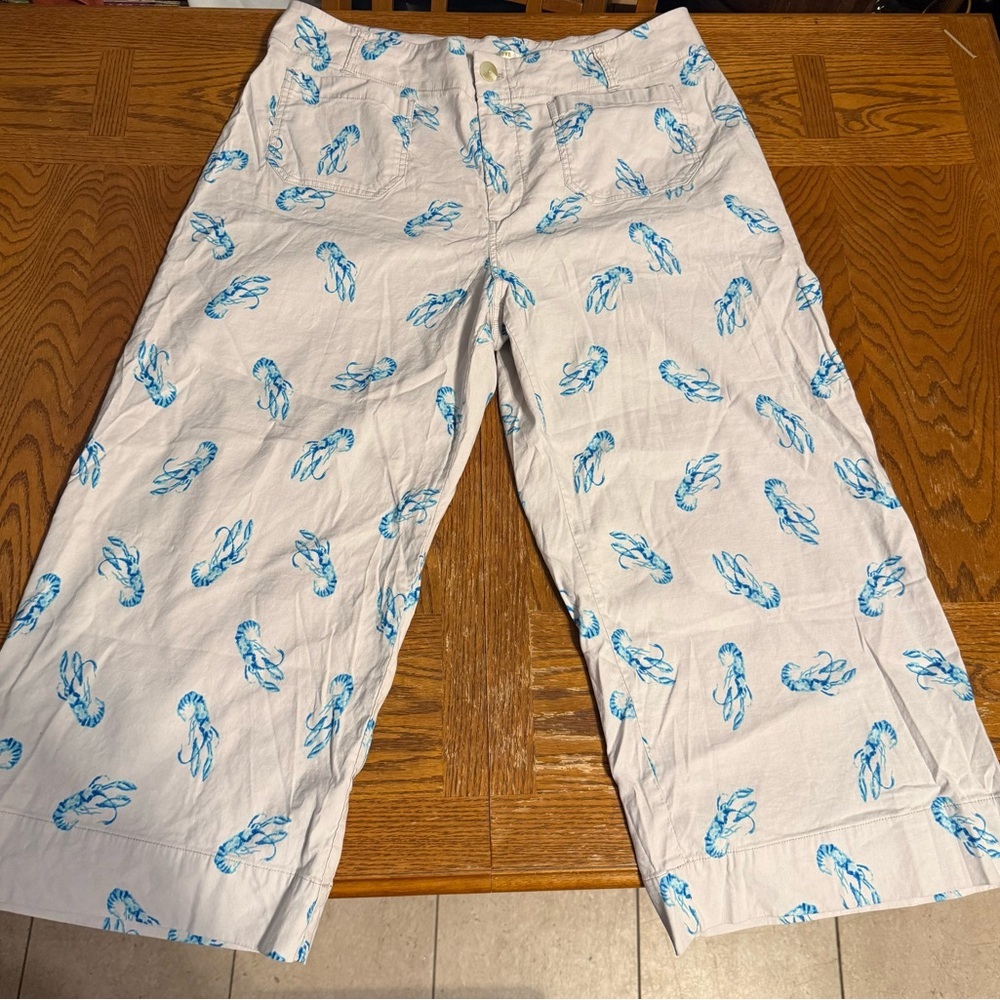 Maeve Anthropologie Colette Cropped Wide Leg Ivory Pants Blue Lobster Print 16W - Picture 4 of 15